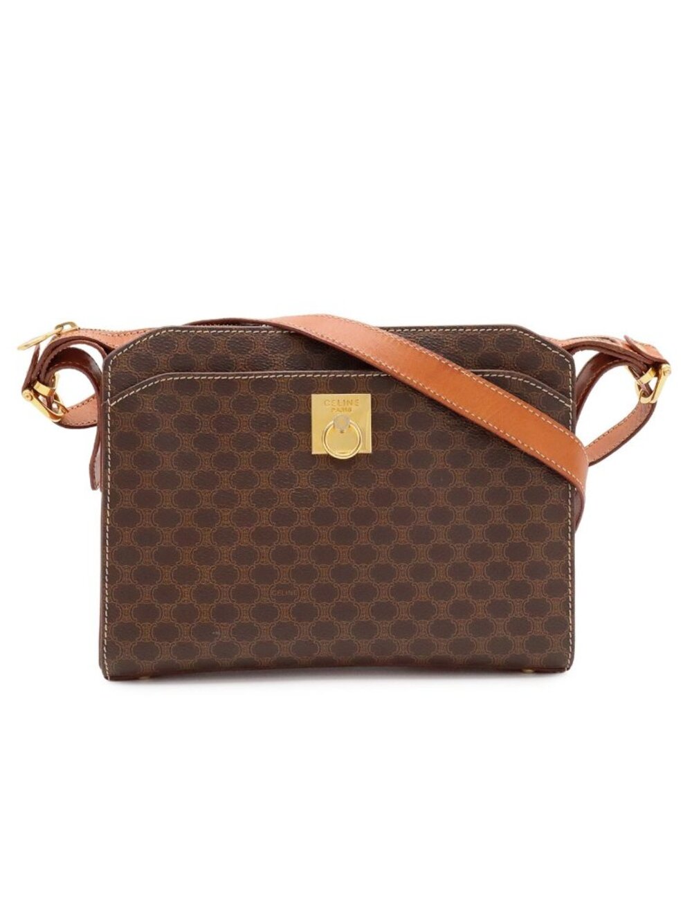 Celine Macadam Shoulder Bag Crossbody Leather Dark Brown Gold